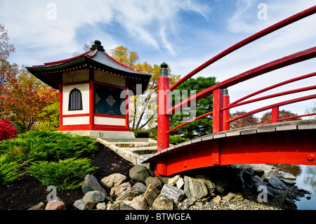 Pagoda and bridge at the Japanese garden at Normandale Community College in Bloomington, Minnesota. Stock Photo