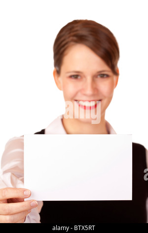 Young smiling woman holds business card in camera. Isolated on white background. Stock Photo