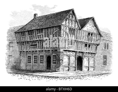 The House of Walter Coney in Kings Lynn; 15th century (demolished 1816); Black and White Illustration; Stock Photo