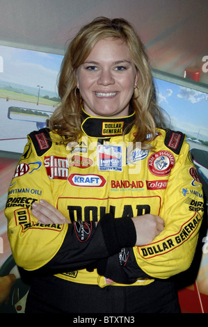 Indy 500 Driver Sarah Fisher Autograph Signing to Promote SimCraft Car-Racing Simulators at CES Stock Photo