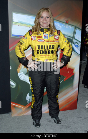 Indy 500 Driver Sarah Fisher Autograph Signing to Promote SimCraft Car-Racing Simulators at CES Stock Photo