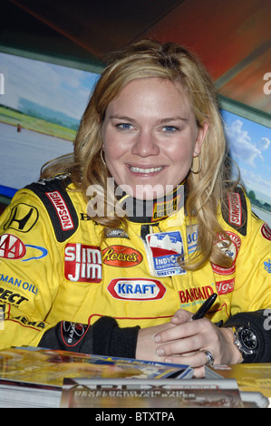 Indy 500 Driver Sarah Fisher Autograph Signing to Promote SimCraft Car-Racing Simulators at CES Stock Photo