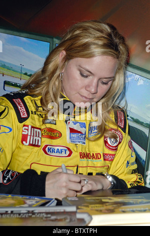 Indy 500 Driver Sarah Fisher Autograph Signing to Promote SimCraft Car-Racing Simulators at CES Stock Photo