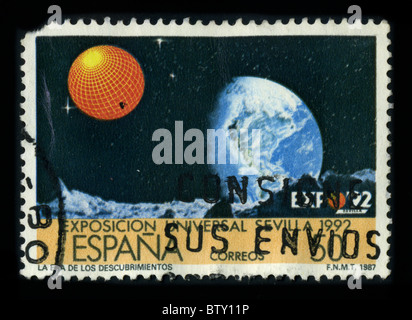 SPAIN - CIRCA 1992: A stamp dedicated to The Universal Exposition of Seville (Expo '92) took place from April 20 to October 12, 1992 on La Isla de La Cartuja (Cartuja Island), Seville, Spain, circa 1992. Stock Photo