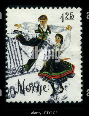 NORWAY - CIRCA 1980: A stamp printed in NORWAY shows image of the dedicated to the Norwegian folk dancing, circa 1980. Stock Photo