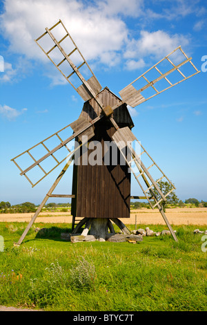 Post windmill on a field on the Swedish island Ôland (Oeland) in the Baltic Sea. Stock Photo