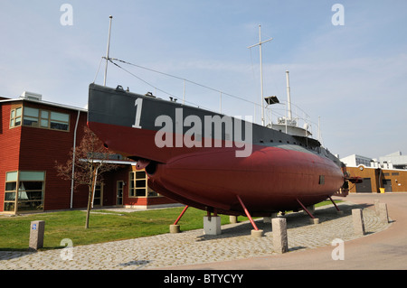 The first Royal Swedish Navy submarine HMS Hajen in the Naval Museum in Karlskrona, Blekinge Lan, Sweden Stock Photo