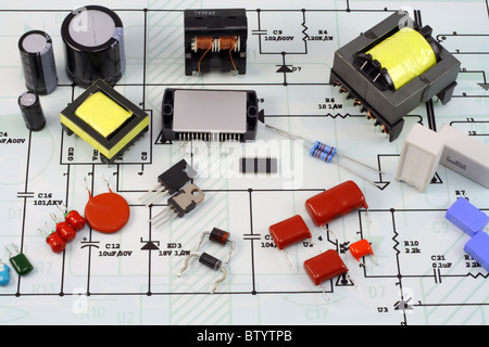 Electronic components and the electric scheme Stock Photo