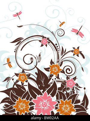 Grunge Floral Background With Dragonfly, Element For Design, Vector 