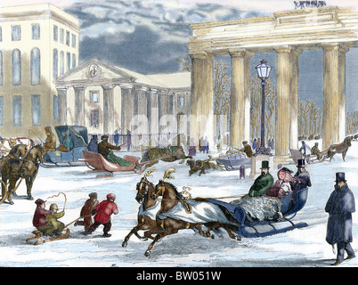 Germany. Berlin. Street scene with the Brandenburg Gate in the background. Colored engraving in 'L'Univers Illustré' (1863). Stock Photo