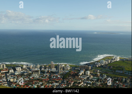 View of Robben Island from Cape Town Stock Photo