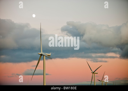 Dusk over Whitelee wind farm on Eaglesham Moor just south of Glasgow in Scotland, UK, is Europe's largest onshore wind farm. Stock Photo