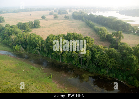 An aerial view of partly wooded grazing land beside the Red River of the South, near the city of Shreveport, in Northern Louisiana, United States. Stock Photo
