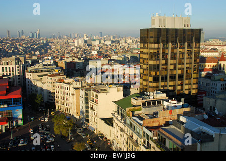 ISTANBUL, TURKEY. An evening view over the Pera district of Beyoglu, with Mesrutiyet Caddesi in the foreground. 2010. Stock Photo