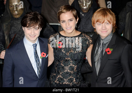 Daniel Radcliffe, Emma Watson and Rupert Grint attends the World Premiere of Harry Potter and the Deathly Hallows Part 1 Stock Photo