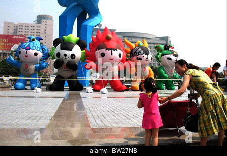 China, Beijing, the five mascots of the olympic games 2008 symbolising ...