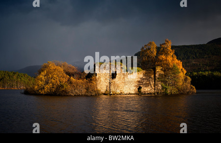 The island and castle on Loch an Eilein Cairngorms National Park  in Autumn Stock Photo