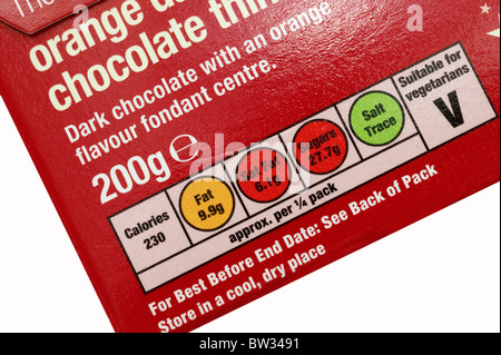 Co - op Orange dark Chocolate thins showing ''traffic lights'' system of nutritional information guidelines Stock Photo