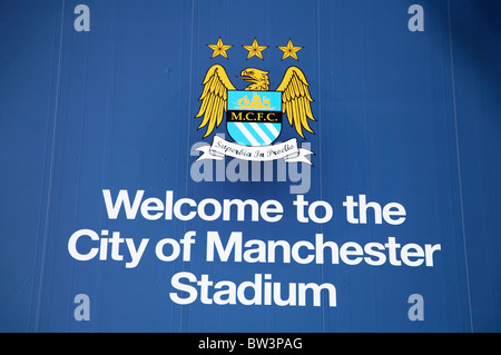 Welcome sign at City of Manchester stadium home of Manchester City Football Club Stock Photo
