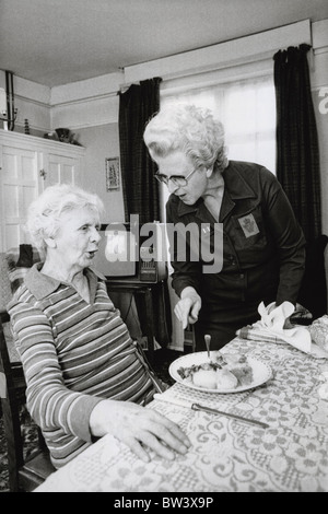 Lady from WRVS giving cooked dinner to elderly lady in her home Stock Photo
