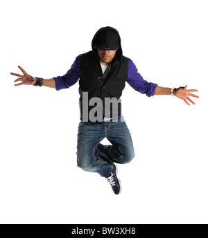 Portrait of African American hip hop dancer jumping isolated over white background Stock Photo