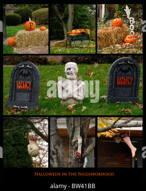 A montage of various Halloween decorations around a neighborhood. Stock Photo