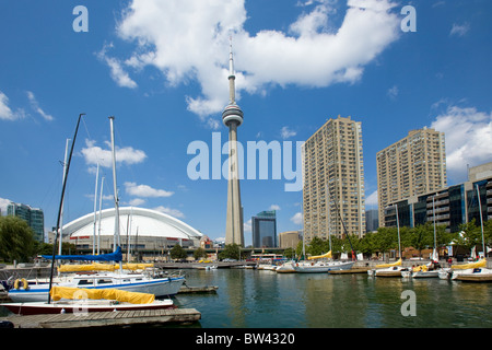 View of CN Tower, Rogers Centre and  Rees Street harbour from harbourfront, Toronto, Ontario, Canada