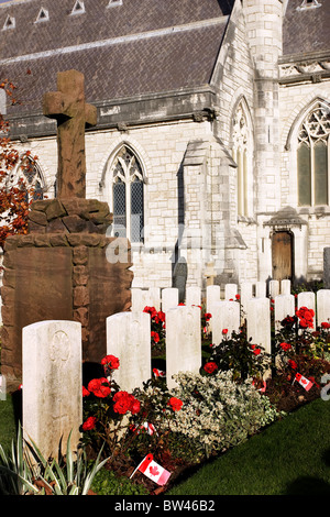 Canadian military graves from the Great War in the church yard of St Margarets church, Bodelwyddan, North Wales Stock Photo