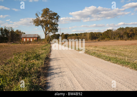 Abandoned on-room schoolhouse on a rural, gravel road in Indiana with a large tree, bright blue sky and clouds Stock Photo