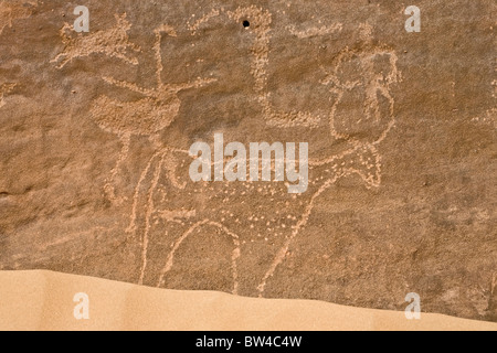 Cow and Ostrich at Hans Winkler's famous recorded Rock-Art site 26 in Wadi Abu Wasil in the Eastern Desert of Egypt. Stock Photo
