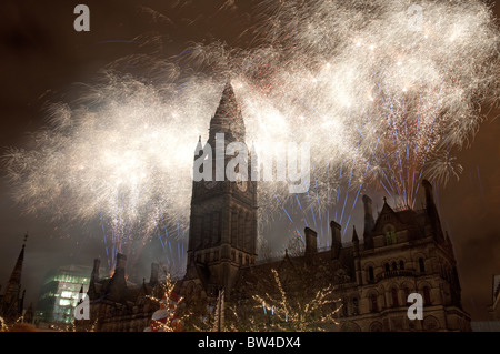 Firework display Manchester Town Hall, finale of Manchester's Christmas lights switch-on event held in Albert Square. Stock Photo