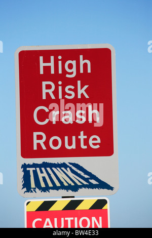 Signs Warning of High Risk Crash Route on the Fosse Way Rural Road, Warwickshire Stock Photo
