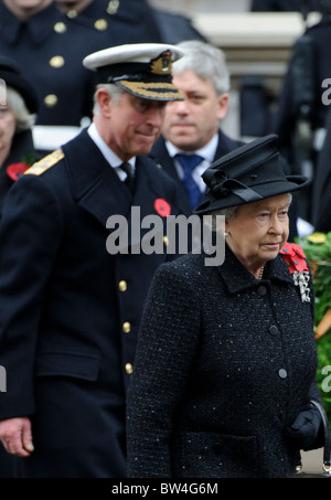 Queen Elizabeth II and The Prince of Wales, Prince Charles attend the Remembrance Sunday Memorial Service at the Cenotaph. Stock Photo