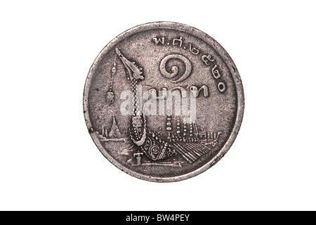 Thai coin featuring the royal barge Suphannahong and the Wat Arun temple Stock Photo