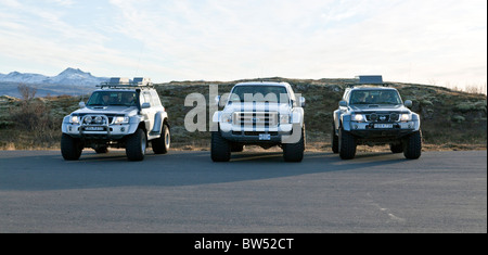 Modified SUV's at Thingvellir National Park, Iceland. Stock Photo