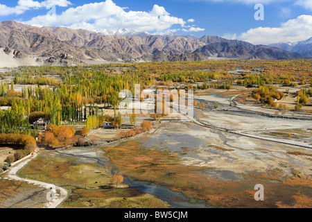 Autumn mountain scenery showing the shey and thiksey villages in high altitude ladakh. India. Stock Photo