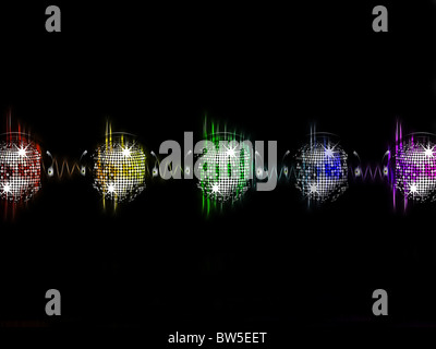 Sparkling silver disco balls and headphones on neon sound waves Stock Photo