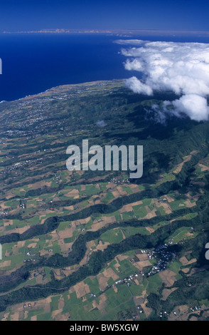 Aerial view of volcanic landscape at Etang Sale Les Hauts, Reunion Island (France), Indian Ocean Stock Photo