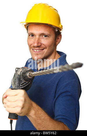 construction worker using a big drill isolated on white background Stock Photo