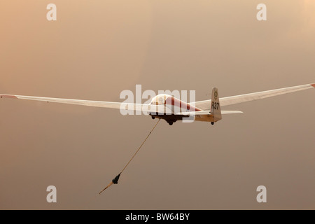 Alexander Schleicher ASK13 two seat training glider of the Crusaders Gliding club taking off on a winch launch from Kingsfield airstrip, Dhekelia, Cyp. Stock Photo