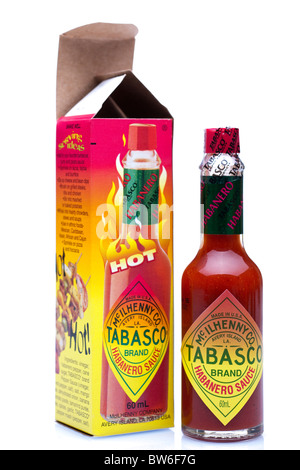 Bottle of hot Mcilhenny tabasco habanero sauce and box Stock Photo
