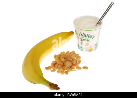 Yogurt with Banana and Salted Peanuts Stock Photo