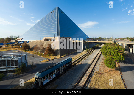 The Pyramid Arena (now closed) and a downtown trolley, Memphis, Tennessee, USA Stock Photo