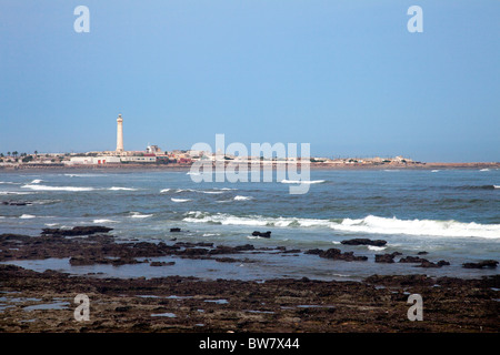 A view of the El Hank lighthouse on the Corniche Atlantic Ocean in Casablanca, Morocco. Stock Photo