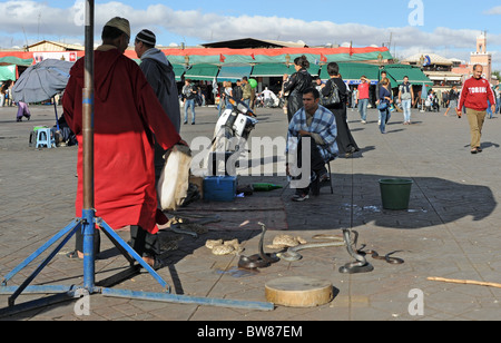 Marrakesh Morocco 2010 - Snake charmers in the famous Djemaa El-Fna market square in Marrakech Stock Photo