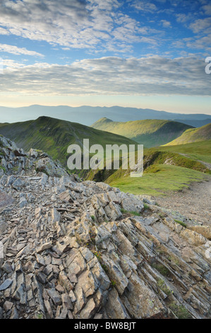 View from the summit of Hopegill Head, looking back along the footpath towards Causey Pike in the English Lake District Stock Photo