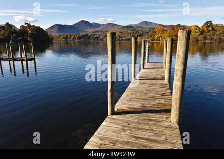 Jetties on the lakeside at Keswick with view across Derwent Water to Causey Pike, Lake District, Cumbria. Stock Photo