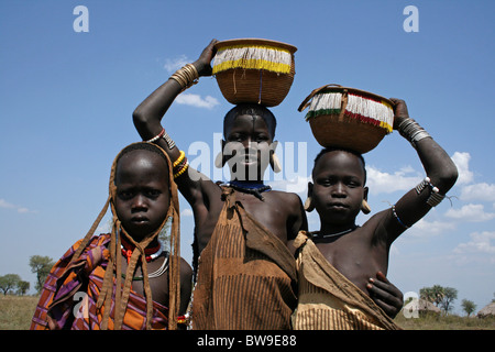 Mursi Tribe Girls, Omo Valley, Ethiopia Stock Photo