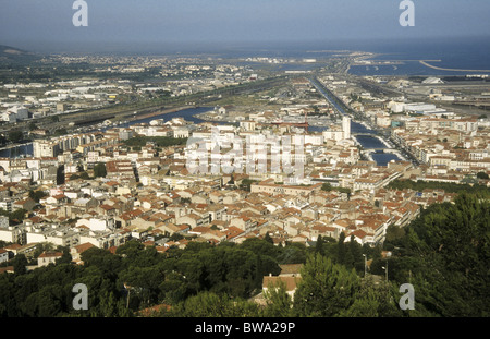 View over the town of Sete in southern France from the hill of Mont Saint Clair Stock Photo