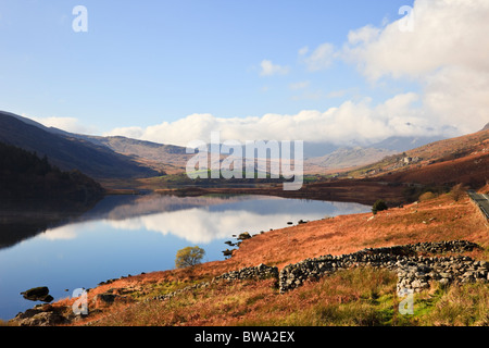 View across Llynnau Mymbyr lakes in Nantygwryd valley in Snowdonia National Park in autumn near Capel Curig, North Wales, UK Stock Photo